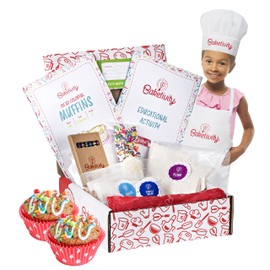Baketivity Kids Baking DIY Activity Kit - Bake Delicious Confetti Muffins with Pre-Measured Ingredients – Best Gift Idea for Boys and Girls Ages 6-12 – Includes Free Hat and Apron