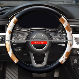 Cow Print Car Steering Wheel Covers, Breathable Microfiber Leather for Women and Men, Universal 15 inch Anti-Slip Steering Wheel Protector, Black Yellow
