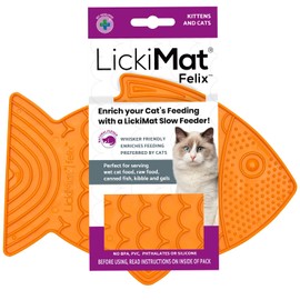 LickiMat Felix, Fish-Shaped Cat Slow Feeders Lick Mat, Boredom Anxiety Reducer; Perfect for Food, Treats, Yogurt, or Peanut Butter. Fun Alternative to a Slow Feed Cat Bowl or Dish, Orange