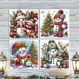 4 Pack Snowman Diamond Art Kits for Adults, Christmas Snowman Diamond Art Kits for Beginners, 5D DIY Full Drill Winter Painting Gem Art Kits for Home Wall Decor Gift 14x14 Inch
