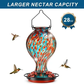 Hummingbird Feeders for Outdoors – Hand Blown Glass Outdoor Hanging Bird Feeder with Ant Moat, Leakproof, Easy to Fill & Clean, Vibrant Decorative Gift for Garden, Patio, Yard, Window, Mom or Gardener