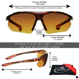 proSPORT Bifocal Sunglasses Tortoise Shell Brown 2.50 Mens Women HD Amber lens Semi Rimless Wraparound