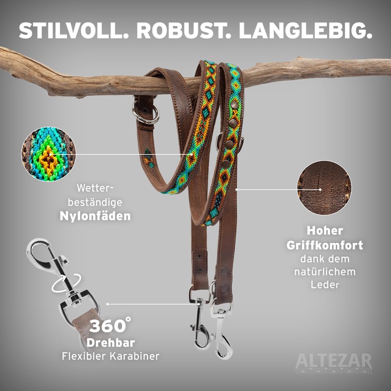 ALTEZAR Dog Lead Leather Wide Tribal Handmade in Mexico for