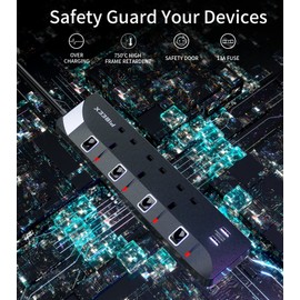 Extension Lead with USB Slots, 3 Way 2 USB Power Strip(13A/3250W), Multi Plug Extension Socket with Individual Switches, 1.5M UK Power Socket for Home Travel