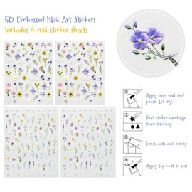 allydrew 5D Embossed Colorful Flowers Nail Art Decal Stickers, Self Adhesive 3D Floral Design (Set of 4), Summer Floral