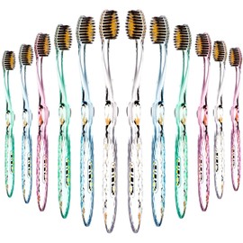 Nano-b Rainbow Pack of 12 Antibacterial Manual Toothbrushes【Gold & Bamboo Charcoal】 Crystal Design - Pro Head, Soft Medium Bristles - Sensitive Teeth Gum - Deep Clean Plaque Removal - Travel Case