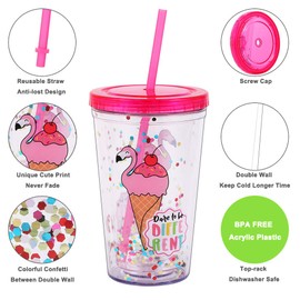 Cute Tumbler with Lid and Straw Double Wall Insulated Acrylic Cup for Girls Women Kids, 18oz/550ml (Flamingo ice cream)