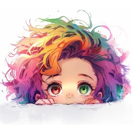 Rainbow Hair Anime Girl Car Decal, Waterproof, Kawaii Peeking Anime Girl Decal, Cute Stickers for Car, Truck, SUV, Accessories for Window, Wall, Mirror, Laptop, Hard Case (Rainbow)