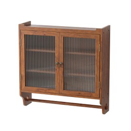 Vinsetto Vintage Glass Door Wall Cabinet, Double Door Design with Three Tiers of Storage and Towel Rack, 24.8", Brown