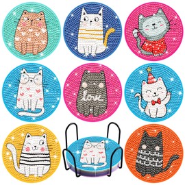 Uiifan 8 Pcs Cat Diamond Painting Coasters Kits with Holder DIY Cat Coasters Kit Cute Cat Diamond Art Coasters Non Slip Diamond Crafts Coasters Christmas Gift for Adults Kids Beginner Holiday