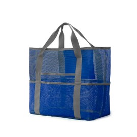 Roannie - Bolsa de playa grande para mujer, con 9 bolsillos y cierre para familia, playa, viajes, día festivo, colección de juguetes, color azul, Azul, L