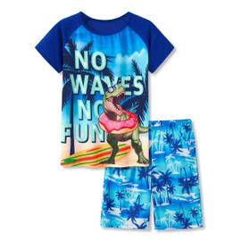 Beezizac Big Boys Pajamas Swim Ring Dino 2-Piece Fun Short Sleeve PJ Set Kid Cozy Sleepwear Size 16