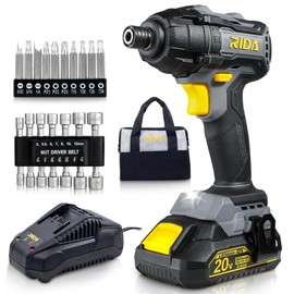 RIDA Cordless Brushless Impact Driver 180N.m, 20V Electric Impact Drill/Driver Set 1/4" All-Metal Hex Chuck,Variable Speed 2.0Ah Battery & Fast Charger, 25 Pcs S2 Bits & Tool Bag for Home DIY Use