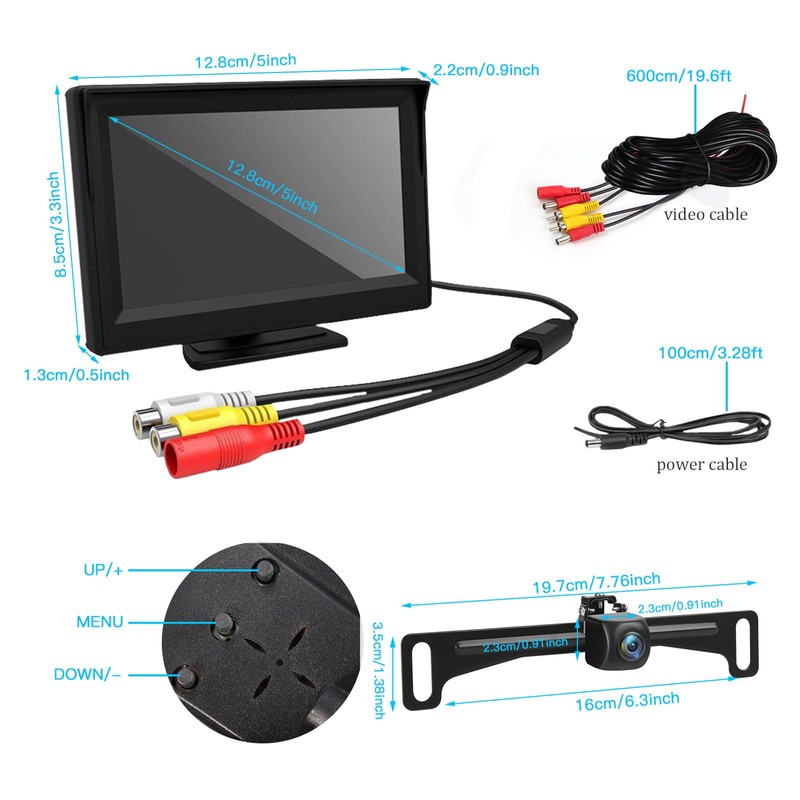 Kairiyard License Plate Backup Camera with 5in Monitor, 170 Degree