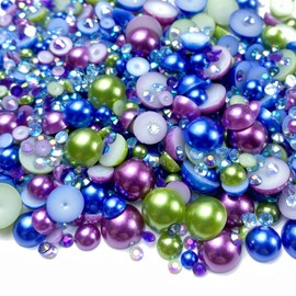 30g Half Pearl Rhinestones for Crafts Mixed Size 3mm-10mm Resin Rhinestone Half Round Flatback Pearl Rhinestones for DIY Nail Art Crafts Jewelry Decoration (Dark Blue Green Series)