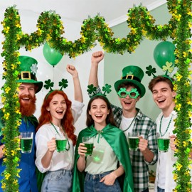 St Patricks Day Decor Green and Gold Tinsel Garland Glitter Shamrock Hat Hanging Garland for Outdoor Indoor Home Irish St Patrick’s Day Decorations 33FT