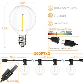 Svater Outdoor String Lights 200 FT, Patio Lights with 104 Shatterproof LED Bulbs, Commercial Grade Waterproof Plastic Hanging Lights for Bistro Backyard Cafe Market, Warm White 2700K (2 X 100 FT)