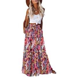 Punude Women's 2025 Summer Skirt High Waist Flowy A Line Boho Skirt Maxi Skirt with Pockets Floral Pink XL