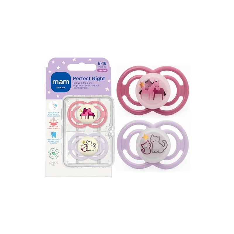 MAM Perfect Night 2 Piece Baby Pacifier, Girl, 6+ Months