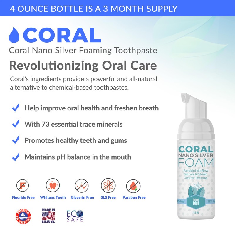 Coral Nano Silver Foaming Toothpaste, Natural Fluoride Free Toothpaste, SLS
