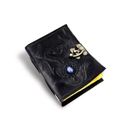 Quirky Craft Double dragon embossed leather journal lapis stone brass c lock 200 vintage deckle edge paper gift for him/her (Black)