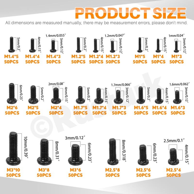 Rustark 1200Pcs 24 Sizes Black Phillips Pan Head Machine Screws