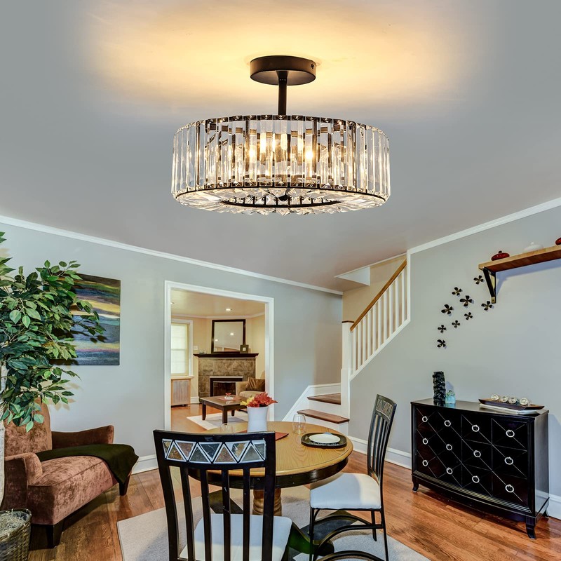 DAFKOS 4 Lights Modern Crystal Chandelier Black Round Semi Flush