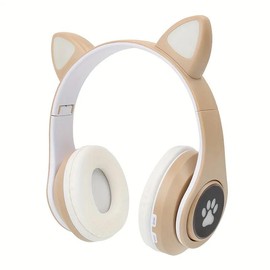 Wireless Cat Ear Headphones: Wireless & Wired Mode, RGB LED Light, For Girls School Gaming & Mobile Phones/Tablets! - Color: Apricot