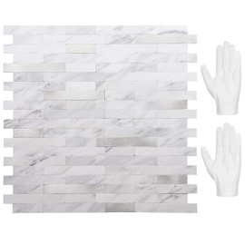 STICKGOO Peel and Stick Backsplash, PVC Wall Tiles Stick on Backsplash for Kitchen(10 Sheets, White Marble with Metal Silver)