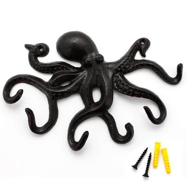ChasBete Octopus Coat Hooks for Wall, Rustic Cast Iron Key