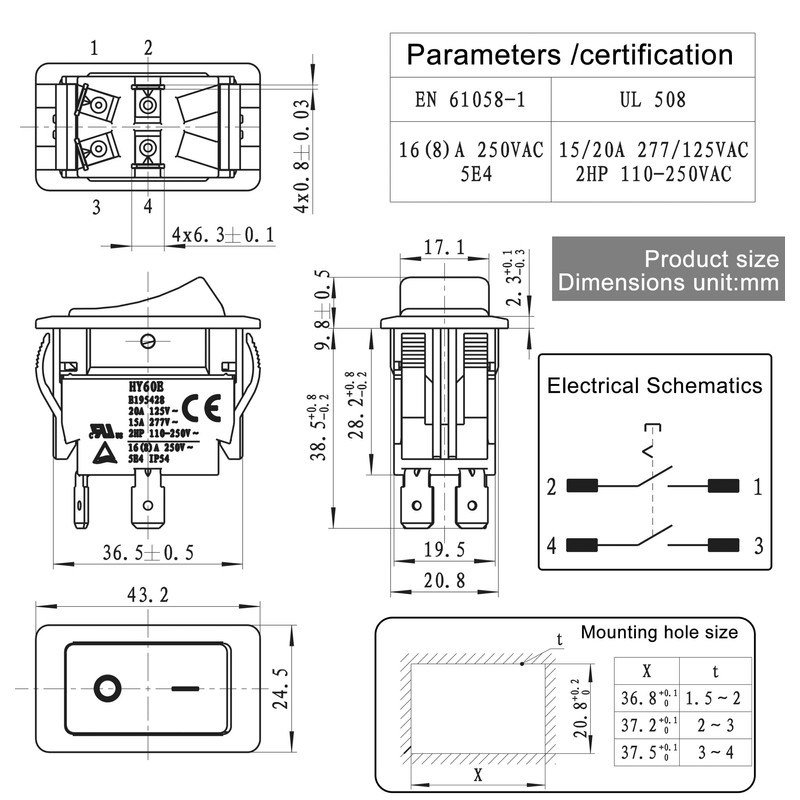 HY60E Rocker Switch 4-Pin 20A 125V (ON-Off) - Compatible with