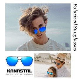 KANASTAL Sunglasses Polarized Sunglasses for Men Women UV400 Protection Square Military Style Sun Glasses Lightweight Metal Double Bridge Frame Spring Hinges Mirrored Blue Shades