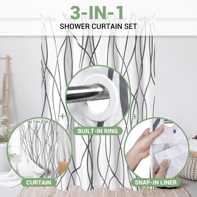 ECUCM Shower Curtain with Snap in Liner for Bathroom Bathtubs,