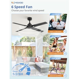 ZMISHIBO 48 Inch Ceiling Fan with Remote No Light, for Outdoor & Indoor Use, Small DC Motor Quiet for Bedroom and Covered Patio Porch Living Room, 6-Speed Reversible, Black (1-Pack)