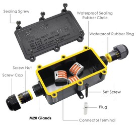 Junction Box, Junction Box, HUYU IP68 Electrical Outdoor Distribution Box, Earth Cable Junction Box, with M20 Adjustable Cable Glands, for Cable Diameter 5 mm - 12 mm, 2-Way