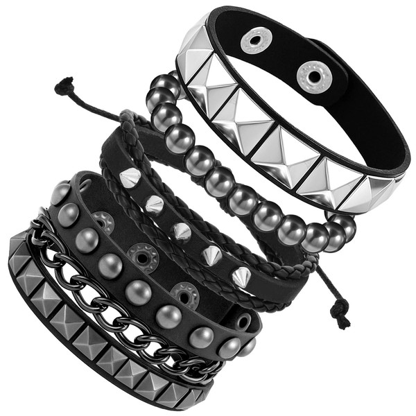 PEOVLVN 4 Pcs Studded Bracelets, Spiked Leather Punk Rock Cuff