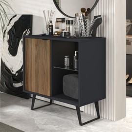 Atelier Mobili Sideboard Buffet, Kitchen Storage Cabinet with Adjustable Glass Shelf, Modern Dining Room Credenza, Hallway Decor Console, Liquor and Accent Cabinet (Gray Walnut, 1 Piece)