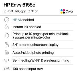 HP Envy 6155e Wireless All-in-One Color Inkjet Printer, Portobello, Print, scan, copy, Duplex printing Best-for-home, 3 month Instant Ink trial included, AI-enabled (714L5A)