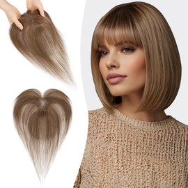 S-noilite Real Hair Toupees for Women, Medium Brown, 9 x 12 cm, T-arp Hair Toppers, Clip-In Hairpieces, Real Hair with Wispy Fringe, 13 g