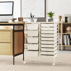 SILKYDRY 15 Drawers Rolling Storage Cart, Craft Cart Organizer with Lockable Wheels for Tools, Arts, Scrapbook, Papers, Multipurpose Utility Cart for Home Office School (White, 15 Drawers)