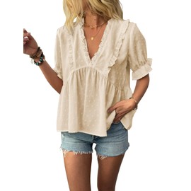 Nicetage Womens 2025 Elegant V Neck Apricot Blouse Lace Trim Ruffle Flutter Sleeve Summer Flowy Shirts Tunic Top with 3D Polka Dot C-LE3-Vshirt-Apricot-XL