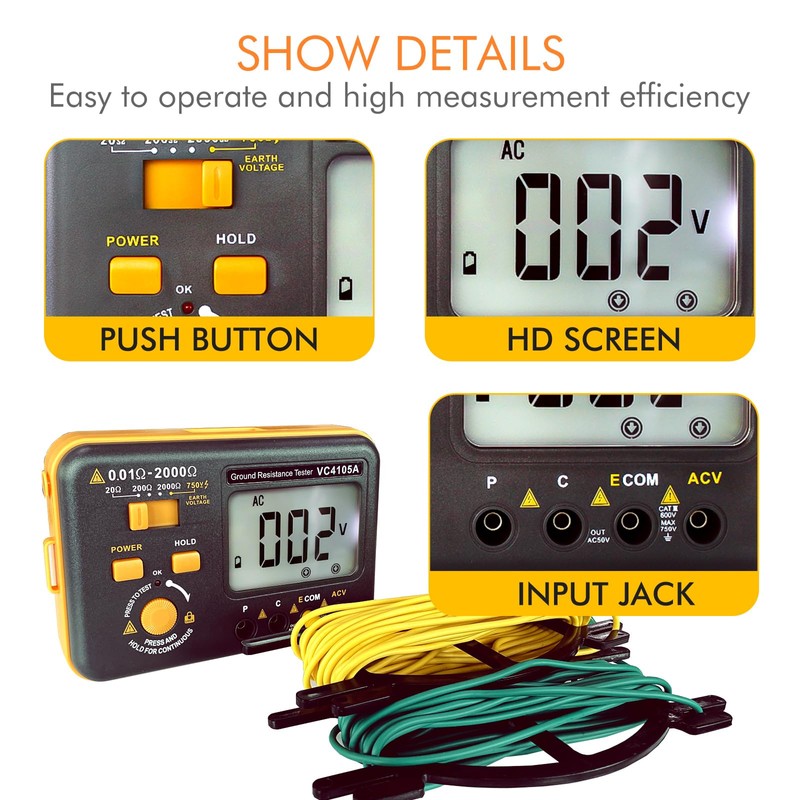 SKYCENX VC4105A Earth Resistance Tester Digital Grounding Resistance Meter 20/200/2000Ω