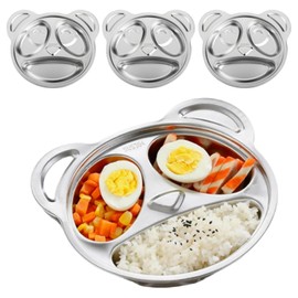 MEZOKUCEL Set of 4 Cute Panda Shape 304 Stainless Steel Divided Plates - 3 Compartment Unbreakable Dinner Plates for Picky Eaters, Kids, Lunch, Camping, Durable & Eco-Friendly (4)