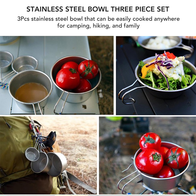 3 PCS Stainless Steel Camping Bowl Set Portable BBQ Folding