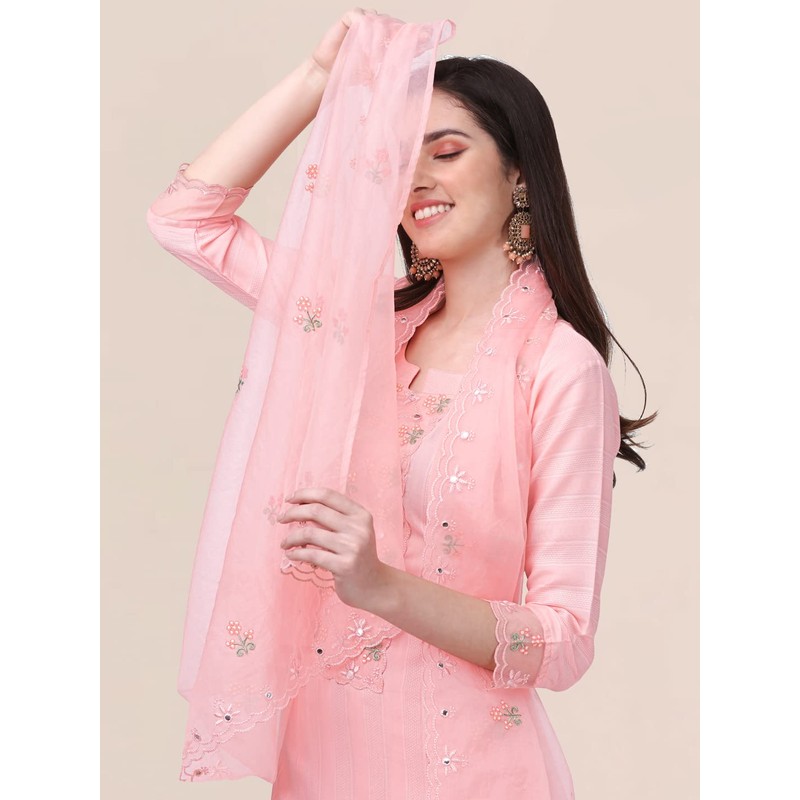 TRENDMALLS Women's Cotton Embroidery Kurta Pant Suit Set (TM.G103-LightPink-M)