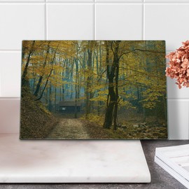 Lunarable Fall Tree Cutting Board, Autumn Fall Trees with Faded Shedding Leaves and Cabin Lodge Cottage Life Theme, Decorative Tempered Glass Cutting and Serving Board, Small Size, Brown Yellow