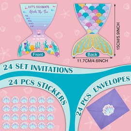 Hotop 24 Sets Mermaid Birthday Invitations with Envelopes and Mermaid Stickers Glitter Mermaid Invitations for Kids Birthday Party Baby Shower Mermaid Themed Party Supplies Pool Party