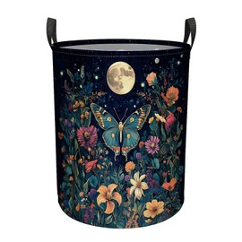 Moon Butterfly Wildflower Laundry Basket Foldable with Handles Tote Bag Oxford Cloth Funny Animal Laundry Hamper Clothes Storage Bucket Toy Organizer 19.7" X 15.7" for Bathroom Bedroom Nursery