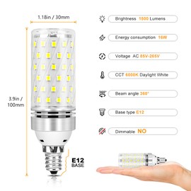 inShareplus E12 LED Bulbs, 12 Pack - Daylight 6000K, 16W Candelabra LED, CRI80+, 120W Equivalent, 1500LM, E12 Base, Non-Dimmable Chandelier Bulbs