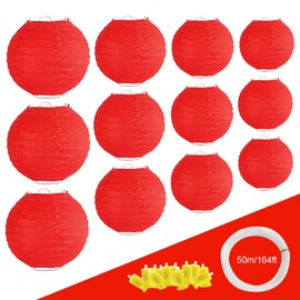 Red Paper Lanterns 12 Pcs Assorted Size of 6" 8" 10" 12" Chinese Round Paper Hanging Decorations Lanterns Lamps for New Year, Spring Festival, Home Decorations, Parties, and Weddings